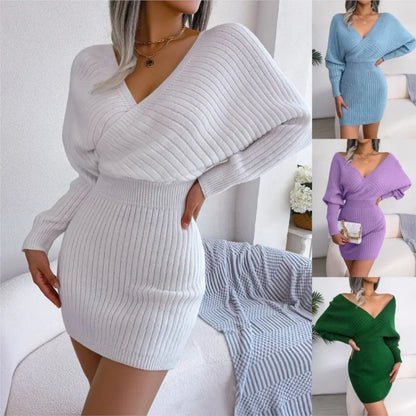 Cross V-Neck Bat Sleeve Dress